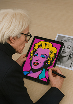 Künstler zeichnet Pop-Art-Porträt auf Tablet nach Foto-Vorlage